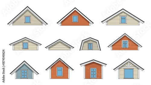 Set of various architectural roof and attic styles featuring different window shapes colors and materials for building design work.