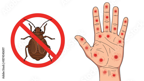 Educational illustration showing a bed bug in a prohibition sign next to a human hand with numerous red bites and skin irritation.