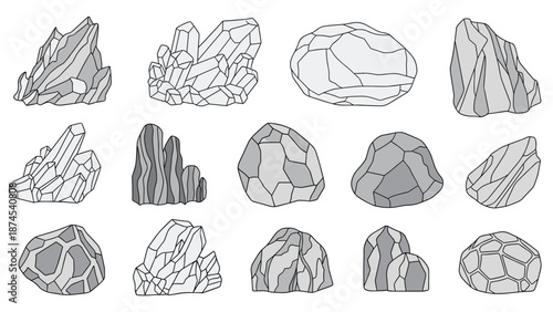 Collection of various rock shapes and crystal formations illustrated in grey tones with different textures and sharp edges for geological study.