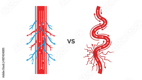 Diagram comparing healthy straight blood flow in a vessel to distorted and damaged flow with leaking fluid for medical education purposes.