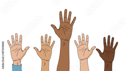 Group of five human hands with different skin colors raised together against a white background symbolizing diversity and togetherness.