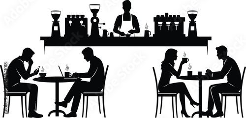 Reading corner coffee cafe shop silhouette. people in a coffee shop or café. Customers are seated at tables, some appearing to be using laptops or eating/drinking vector illustration 