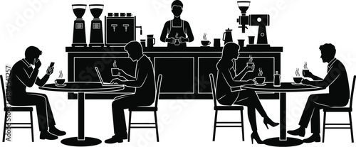 Reading corner coffee cafe shop silhouette. people in a coffee shop or café. Customers are seated at tables, some appearing to be using laptops or eating/drinking vector illustration 