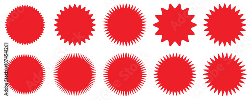 Set of red starburst. Price sticker, sale sticker, price tag, starburst, quality mark, retro stars, sale. Circle sticker set. mark retro and stars sale and badges