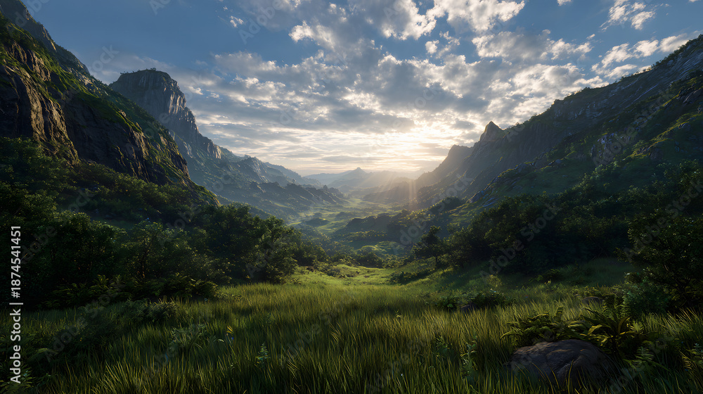 Fototapeta premium Ultra HD Majestic tropical valley at sunrise with lush green mountains and vibrant foliage under a dramatic sky, a breathtaking natural landscape image