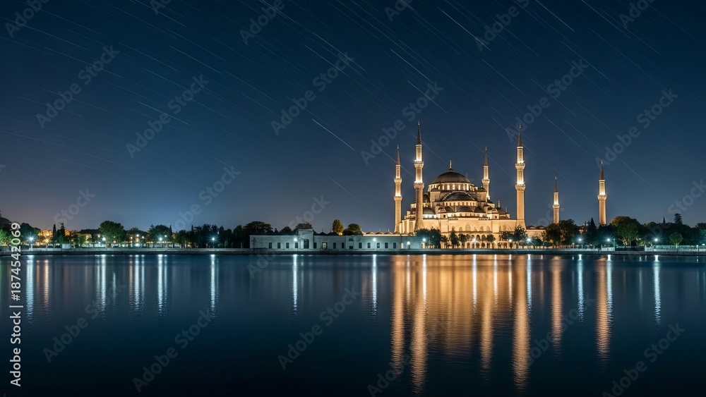 Obraz premium Beautiful mosque illuminated at night with star trails in the sky. Eastern culture and Islamic architecture for travel.