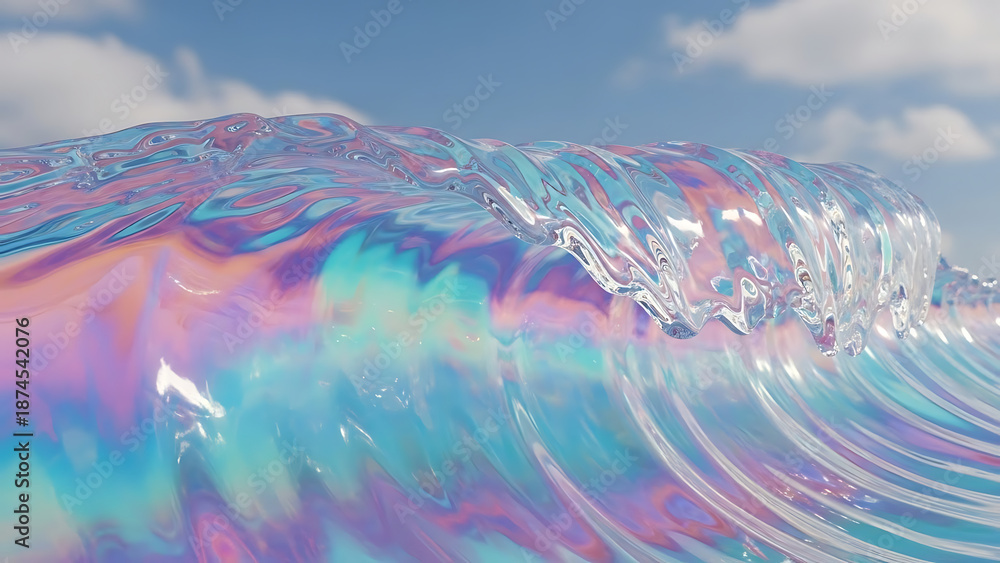 Fototapeta premium A vibrant iridescent wave with a holographic effect cresting under a clear blue sky with soft clouds.