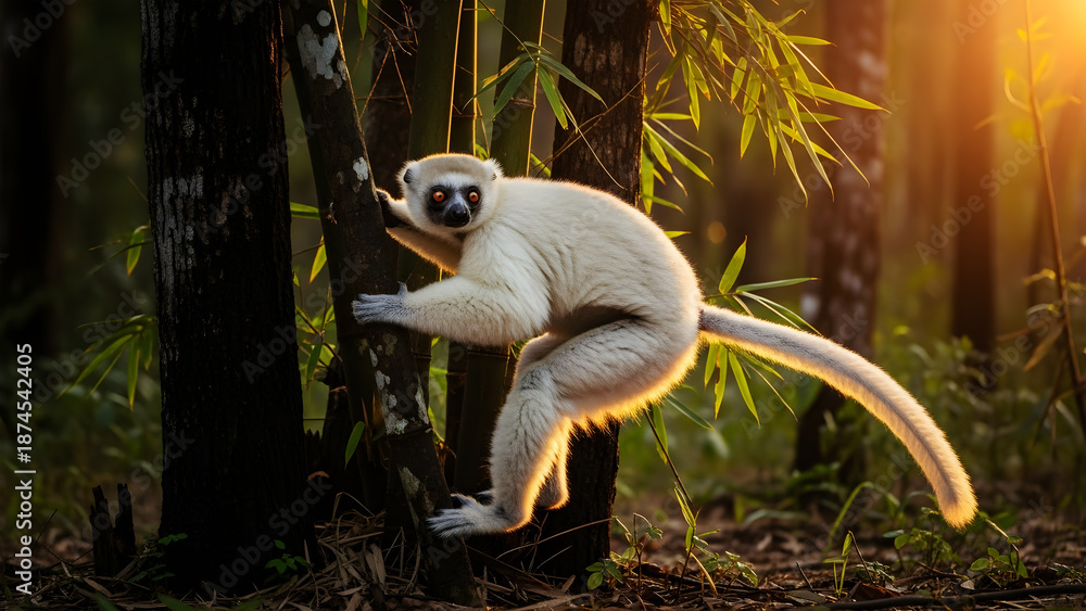 Obraz premium White Lemur Climbing Tree Trunk in Sunlit Bamboo Forest primate animal