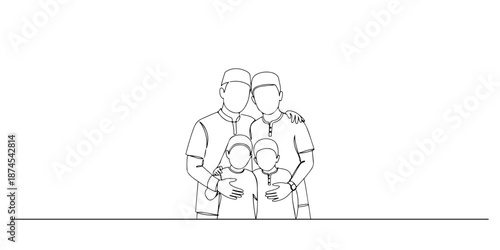 Continuous one line drawing of a man hugging his family, symbolizing togetherness and warmth of family on Eid, Islamic holidays, Eid al-Fitr, Eid al-Adha, Maulid Nabi, Isra Miraj, and Nuzulul Quran.