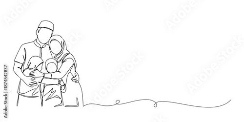 Continuous one line drawing of a man hugging his family, symbolizing togetherness and warmth of family on Eid, Islamic holidays, Eid al-Fitr, Eid al-Adha, Maulid Nabi, Isra Miraj, and Nuzulul Quran.