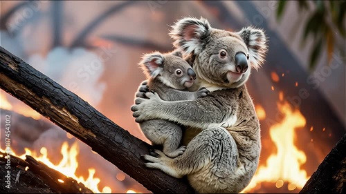 A koala with a baby sits on a tree branch around a burning forest. Forest fire.