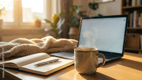 Cozy home office desk with laptop and coffee cup in warm sunlight for remote work concept.