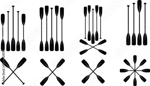 Black boat oar and paddle silhouettes set featuring crossed oars, rowing equipment, nautical symbols, water sports gear, canoeing and kayaking icons.