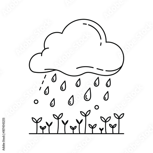Black and white line drawing of a cloud raining on small plants sprout growth