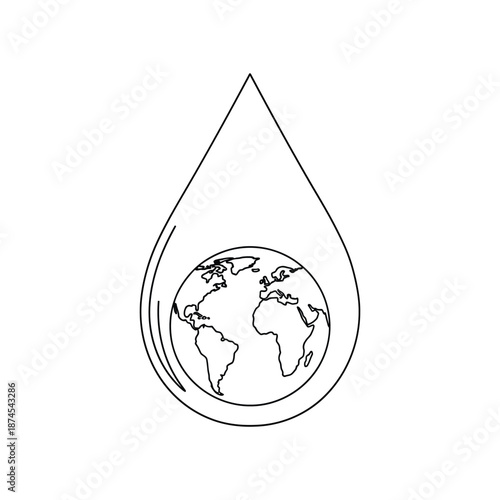 Black outline of planet earth inside a water drop shape globe world