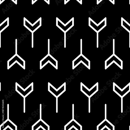 Interlocking three pronged blocks. Repeated white puzzles on black background.. Seamless surface pattern design with mosaic ornament. Winder keys motif. Tyre grip wallpaper. Digital paper. Vector art.