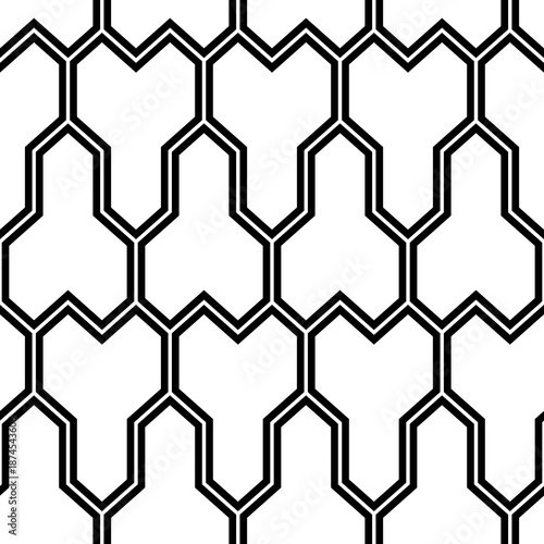 Repeated white puzzle on black background. Seamless surface pattern design with mosaic ornament. Logic games motif. Pavement wallpaper. Digital paper, page fills, web designing, textile print. Vector.