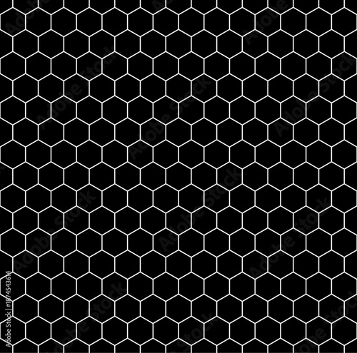 Honeycomb wallpaper. Repeated black interlocking polygons tessellation on white background. Seamless surface pattern design with regular hexagons. Grid motif. Digital paper for web designing. Vector.
