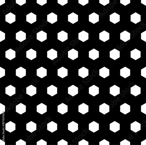 Honeycomb wallpaper. Repeated white interlocking polygons tessellation on black background. Seamless surface pattern design with regular hexagons. Grid motif. Digital paper for web designing. Vector.