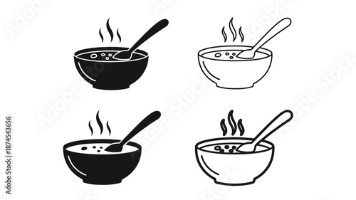 Simple black and white illustration of four bowls of steaming soup