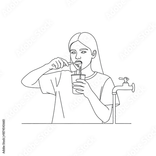 Woman brushing teeth with toothbrush and cup near faucet vector