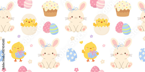 Cute Easter seamless pattern with bunny, yellow chicks, decorated eggs, Easter bread, flowers. Spring background for holiday designs. Flat vector illustration.