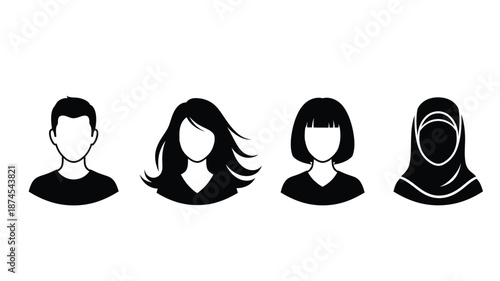 Diverse collection of four distinct black silhouette head and shoulder icons