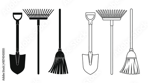 Garden tools a shovel rake broom and hoe in black and white