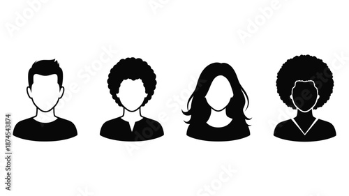 Simple black silhouettes depicting diverse people with varying hairstyles