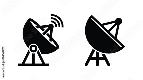 Two satellite dishes depicted in a simple black and white icon style