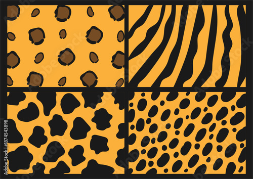 Seamless fashion textures set for t-shirt design. Animal print patterns. Leopard rosettes, tiger stripes, giraffe spots, cheetah spots. Vector illustration.