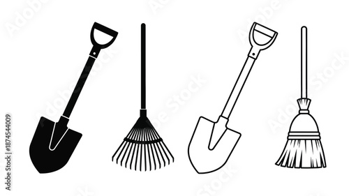 Simple black and white illustration of various gardening and cleaning tools