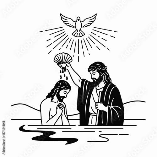 Jesus baptizing a believer with a shell against a serene background