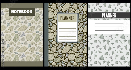 Set covers for notebooks with symbols of old gray stones. For design of children books, brochures, templates for school diaries. Vector seamless patterns copybook with texture rocks.