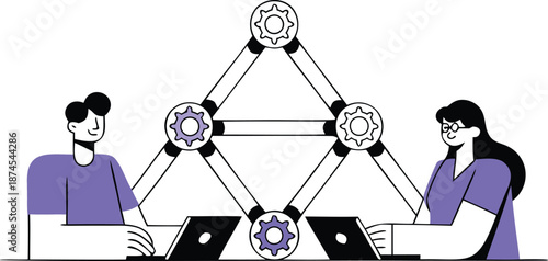 Two business professionals collaborating on creative project with gear icons