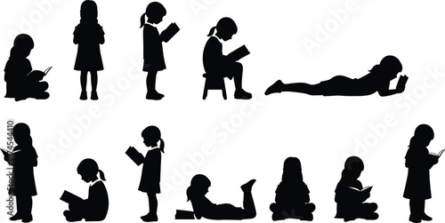 Silhouettes of children reading books in various poses showing concentration, learning, literacy, and imagination for educational vector illustration.