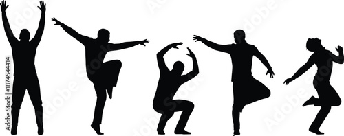 Silhouetted dancers in expressive poses showcasing dynamic movement, balance, rhythm, and creativity on white background for dance vector illustration.