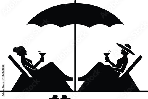 Silhouette of two people relaxing on beach chairs under umbrella with cocktails, summer vacation leisure scene with sandals and drinks.