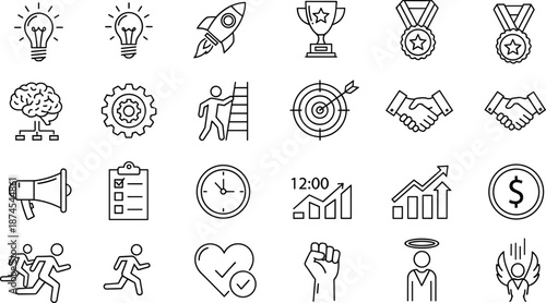 Black line icon set featuring business growth concepts including lightbulbs, rockets, trophies, targets, handshakes, and financial charts isolated on white,