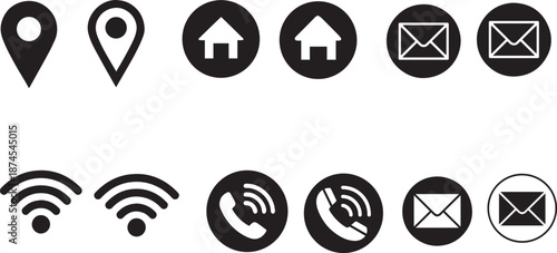 Set of black user interface icons including location, home, email, wifi and phone symbols isolated on white background