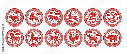 Chinese zodiac circle stamp. Animal of year circular emblem with floral pattern, decorative borders and traditional Asian ornaments. Animals of twelve zodiac signs vector illustration set.