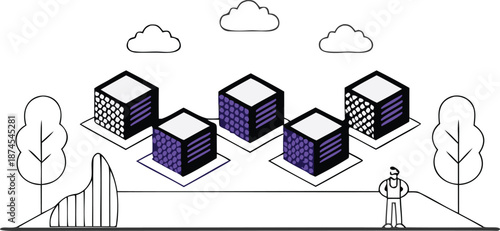 Modern data storage and cloud computing concept with purple and white servers