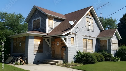 Two story residential house with boarded windows and satellite dish under renovation on sunny day two story house
