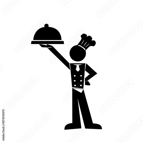 Minimalist black silhouette of a chef holding a serving tray with cloche, symbolizing professional cooking, hospitality service, restaurant staff, and culinary presentation.