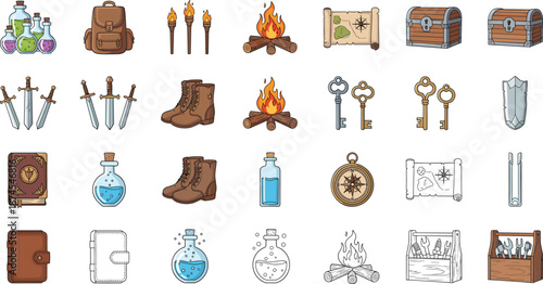 Adventure Travel and Fantasy Icons Set with Maps Torches Potions and Treasure Chests Vector