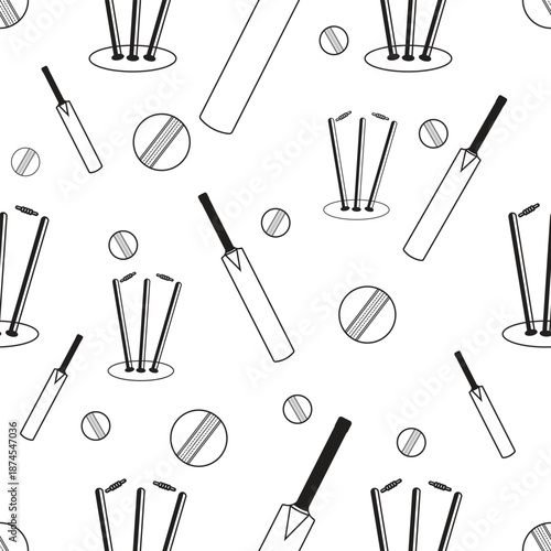 Seamless Cricket Equipment Pattern Vector Including Bat, Ball, Stumps and Wickets – Repeating Sports Background Design for Fabric, Wallpaper, Apparel, Wrapping Paper, Branding, and Creative Graphic Pr