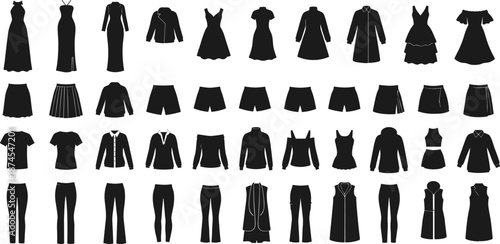 Black silhouette icons of women’s clothing including dresses, tops, pants, jackets, skirts, coats, fashion items in grid layout.