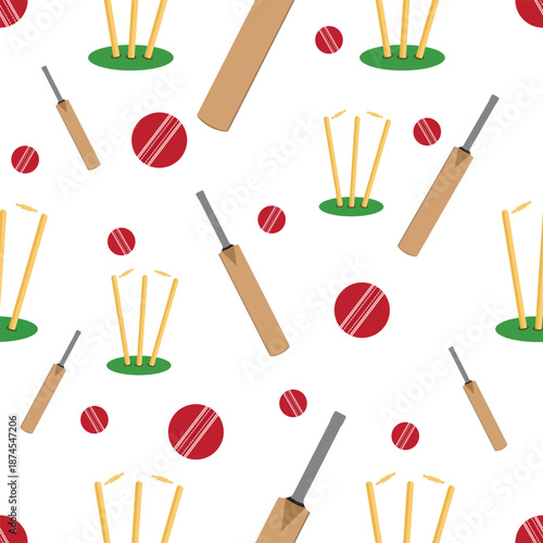 Seamless Cricket Equipment Pattern Vector Including Bat, Ball, Stumps and Wickets – Repeating Sports Background Design for Fabric, Wallpaper, Apparel, Wrapping Paper, Branding, and Creative Graphic Pr