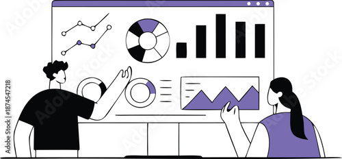 Business team analyzing data on large computer screen with graphs and charts