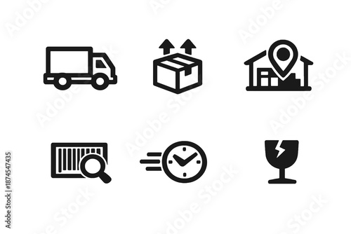 Black flat vector icon set focused on delivery, shipping and logistics. Clean outline symbols for ecommerce fulfillment, tracking systems and transport interfaces.
